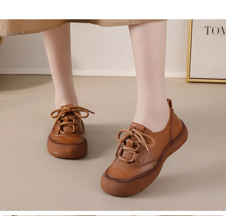 New real leather handmade shoes for women all season oxfords flats woman laced up moccasins cozy mom boat shoes round toe flats