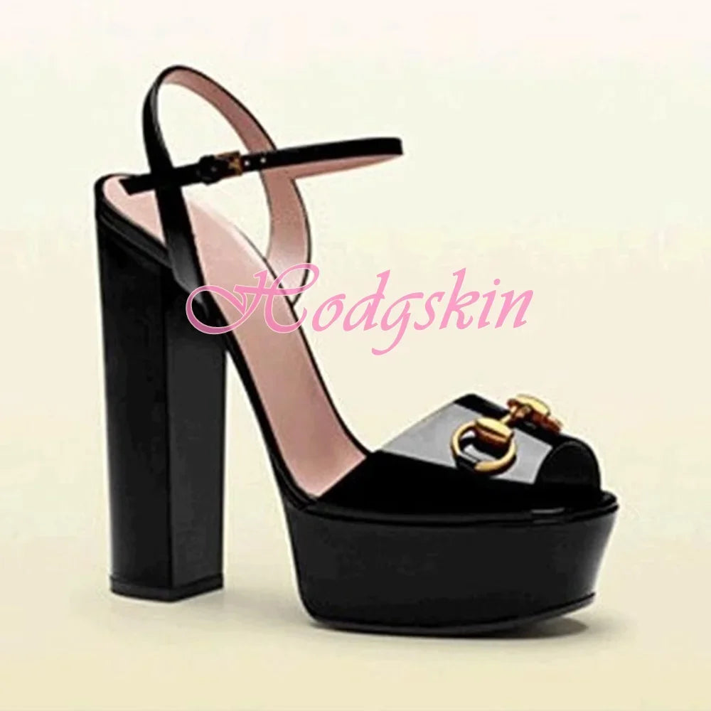 Peep Toe Platform Patent Sandals Chunky High Heels Solid Ankle Buckles Strap Design Women Shoes Super Heel Big Size Party Sandal