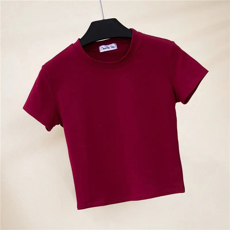 2023 Summer Crop Tops Women T-Shirt Casual Turtleneck Tee Shirt Woman Solid Cotton T Shirt Short Sleeve Top Tees Slim T-shirt