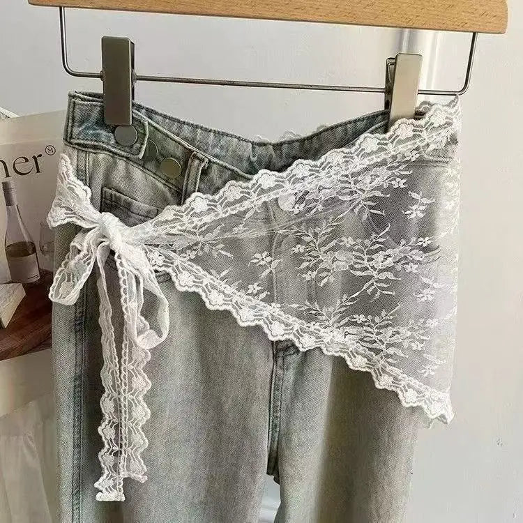 Lace Trim Bandana Triangle Scarf Delicate Ins Ruffled Lace Hair Scarf 2-in-1 Head Band Waist Accessory for Y2K Outfits Headscarf