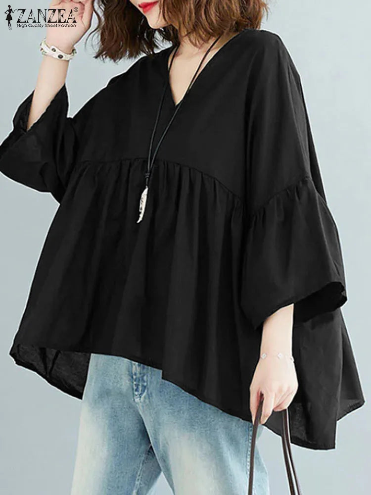 ZANZEA Women Summer Flare Sleeve Tops 2025 Casual Solid Color Blouse Fashion Pleating Tunic V-neck Shirt Loose Blusas Femininas