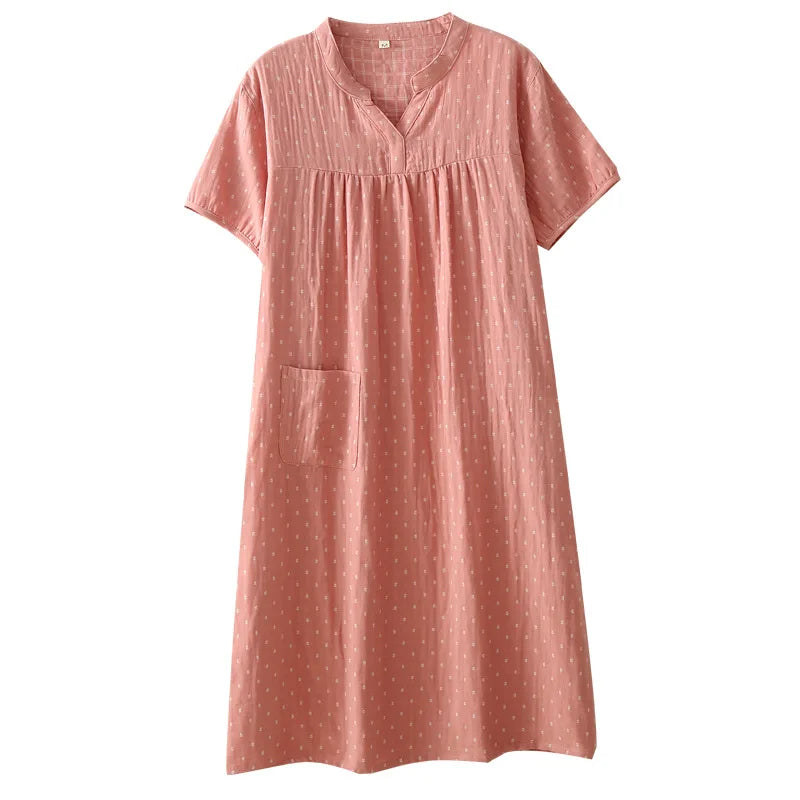 Summer Simple Cotton Double Gauze Women's Nightdress Thin Short-sleeved Home Nightgowns V-Neck Sexy Sleepwear Long Pajama Skirt