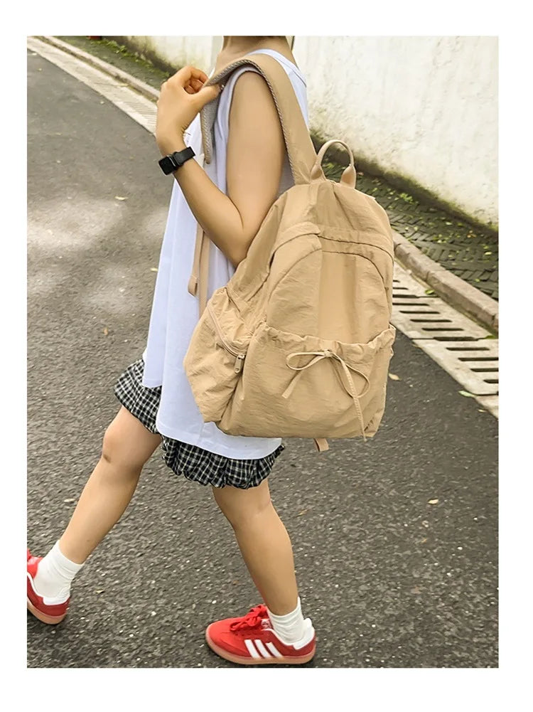 Japanese Style Student Backpack Solid Color Bow Travel School Bag Lightweight and Fashionable Women's Backpack New Simple Casual