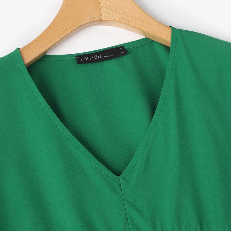 ZANZEA Women Summer Flare Sleeve Tops 2025 Casual Solid Color Blouse Fashion Pleating Tunic V-neck Shirt Loose Blusas Femininas