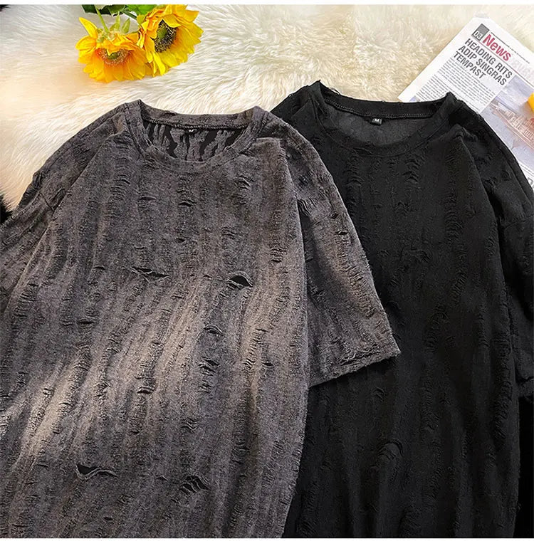 Ripped T-shirts Men Hole Y2k Tops Streetwear Summer O-neck Clothing Hip Hop Fashion Teens American Retro Vintage Футболки Baggy