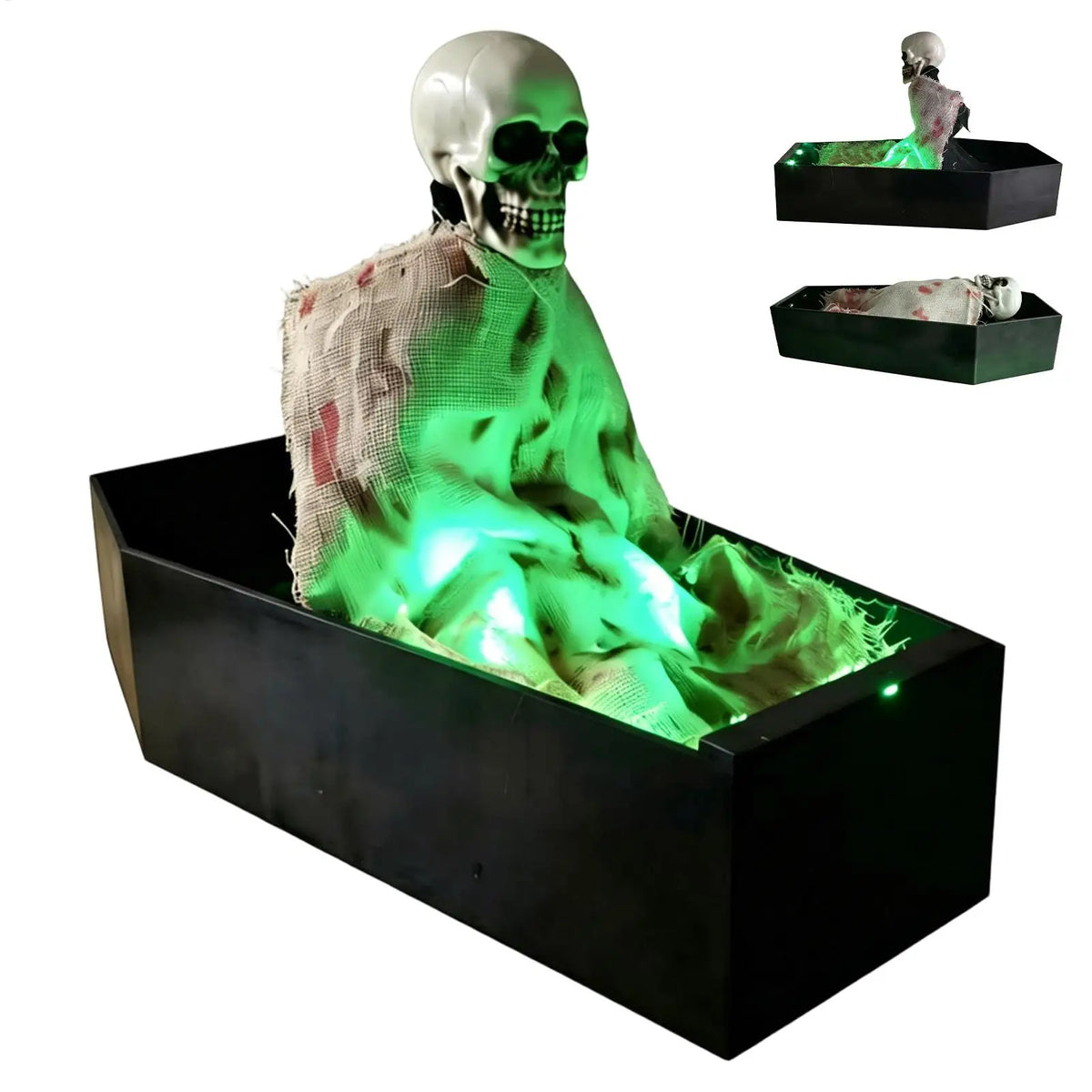 Halloween Sound Activated Animated Skeleton Coffin Decor Realistic Skeleton Green LED Lights Scary Sounds for Home Party Prank