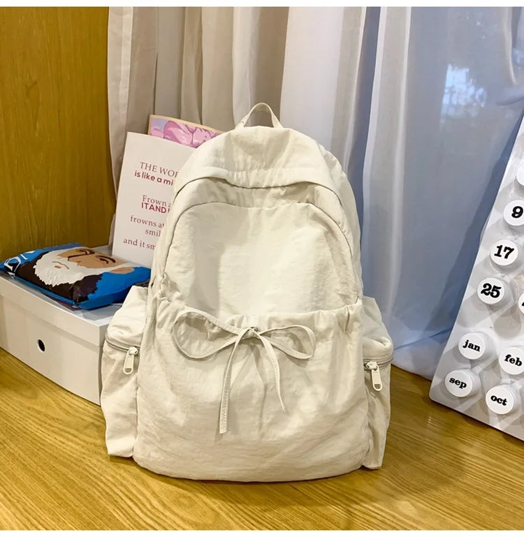Japanese Style Student Backpack Solid Color Bow Travel School Bag Lightweight and Fashionable Women's Backpack New Simple Casual