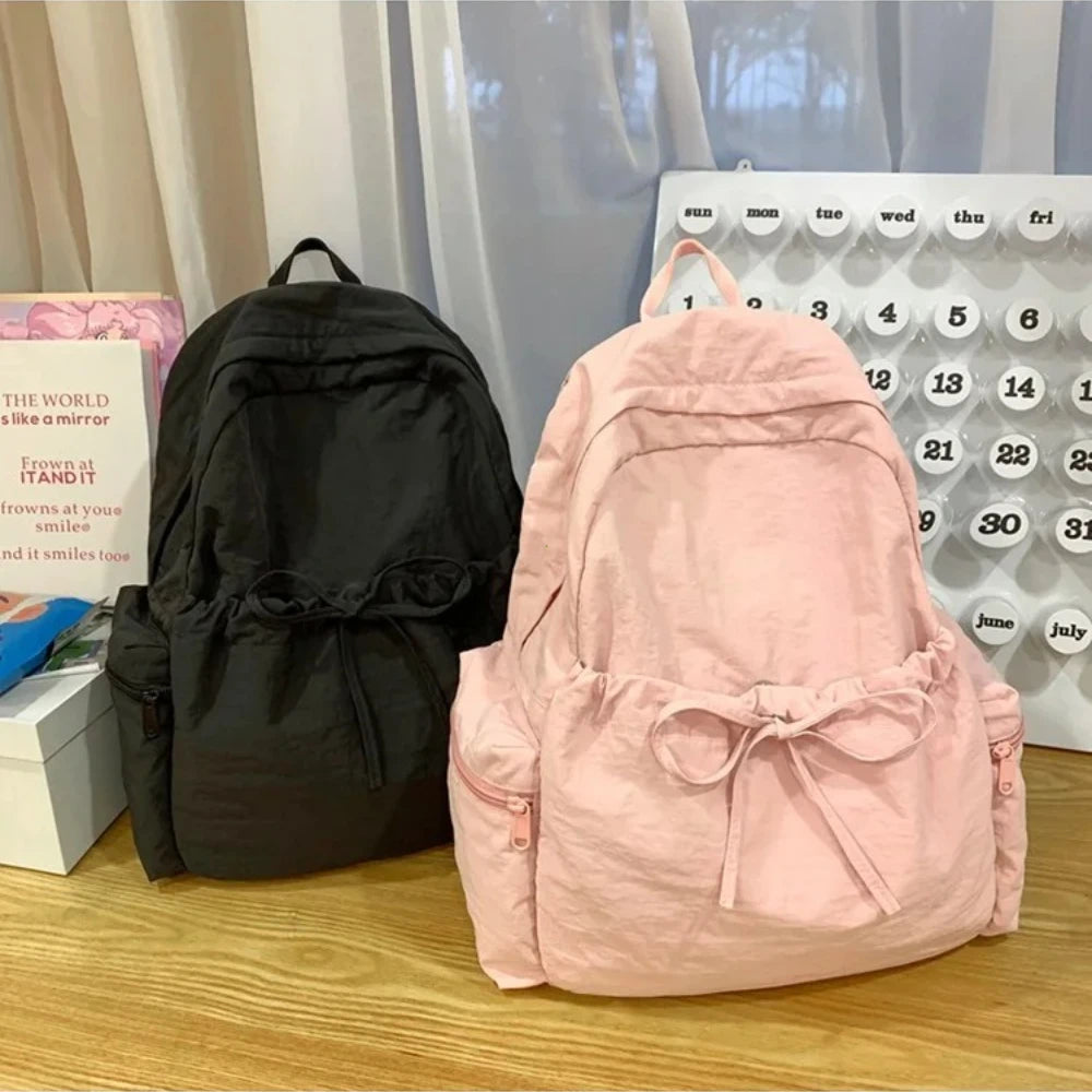 Japanese Style Student Backpack Solid Color Bow Travel School Bag Lightweight and Fashionable Women's Backpack New Simple Casual
