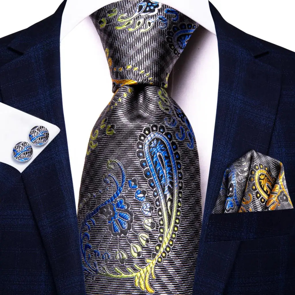 Hi-Tie White Grey Paisley 2026 New Mens Tie Hanky Cufflink Set Necktie For Men Wedding Party Business Men Tie Fashion Brand