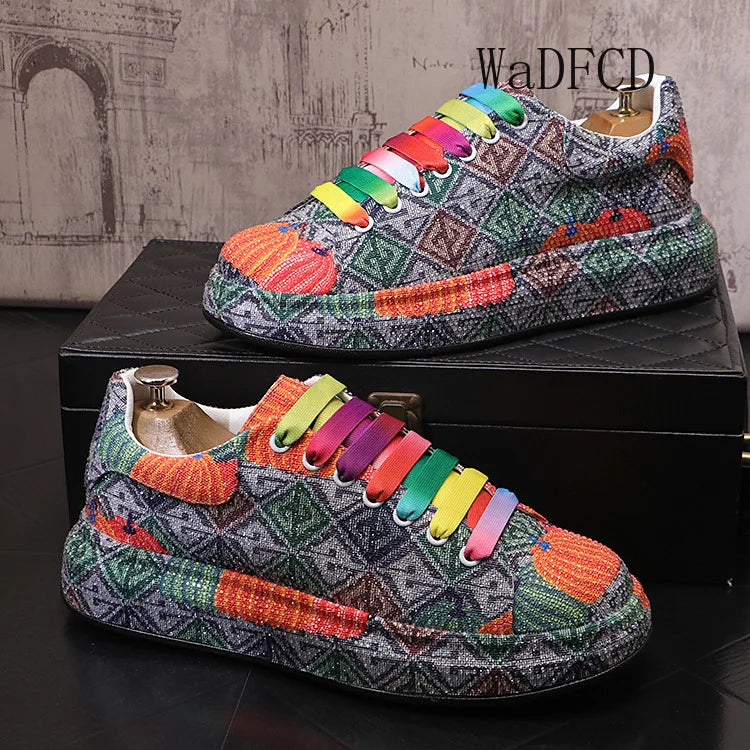 Sneakers Casual Mens Designer Bling Graffiti Board Shoes Fashion Microfiber Leather Breathable Increased Internal Platform Shoes