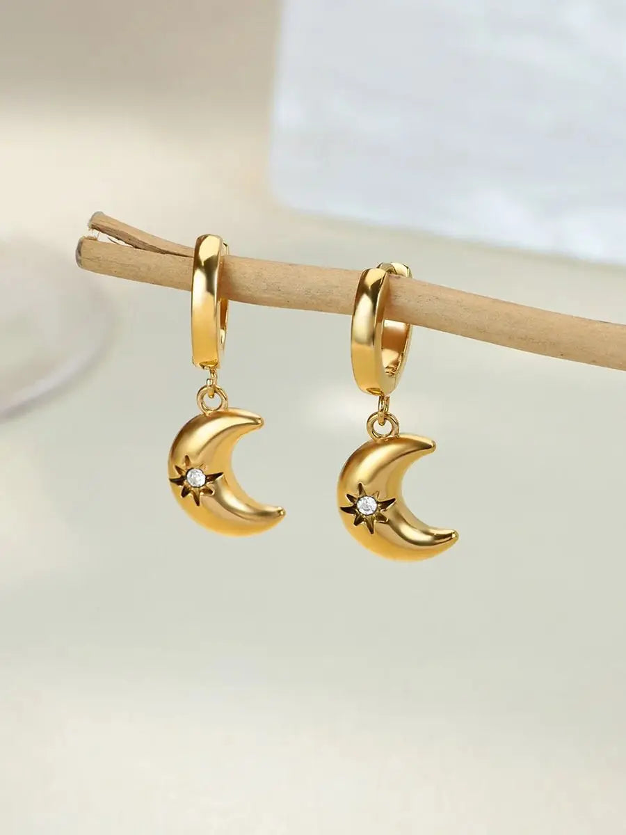 Zircon Star Moon Earrings For Women Gold Color Stainless Steel Star Moon Drop Earring Fashion Aesthetic Christmas Jewelry Gift