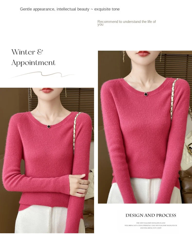 Early Fall New Crew-Neck Sweater Elegant High Elastic Simple Solid Color Thin Knit Crew-Neck Sweater Long Sleeve-GH458