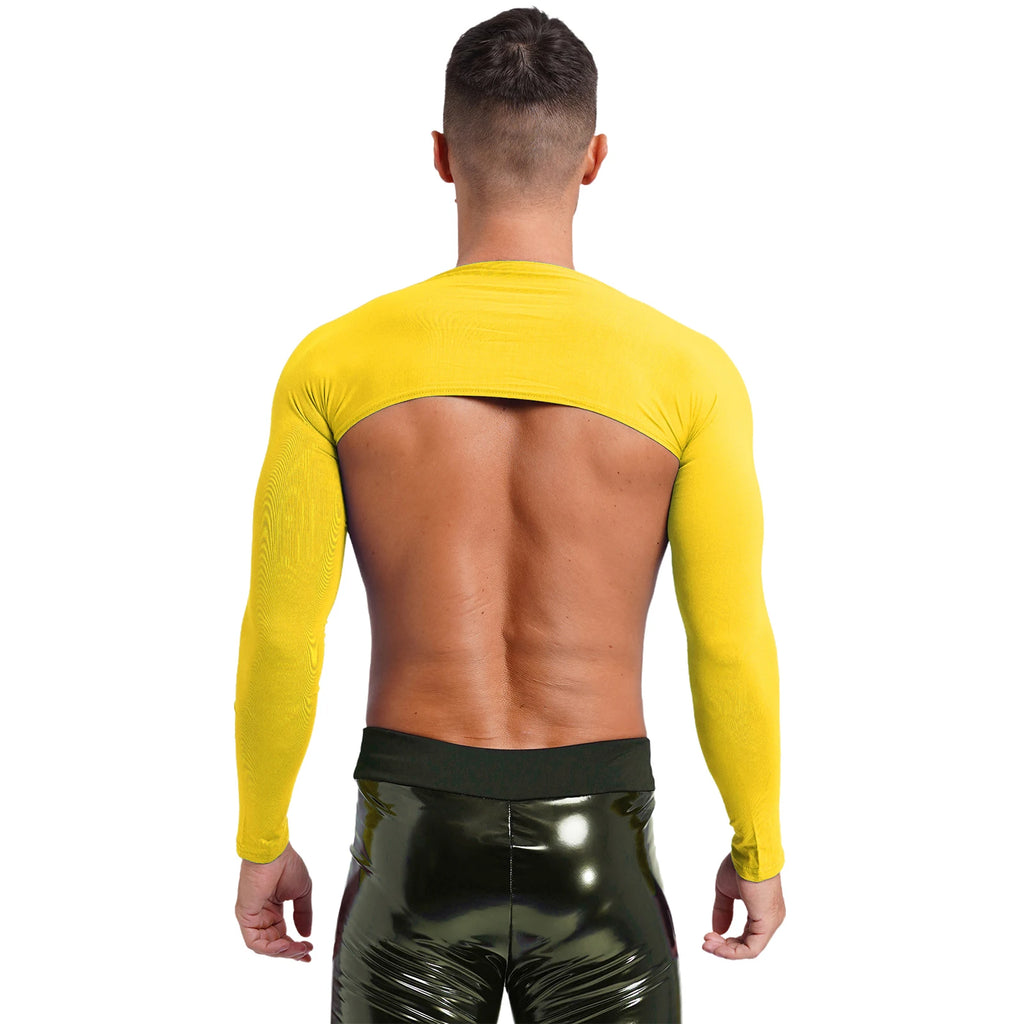 Men Open Front Half Crop Top Solid Long Sleeve Cardigan Bolero Shrug Tops Muscle Arm Sleeves Workout Sports Gym Tops Clubwear