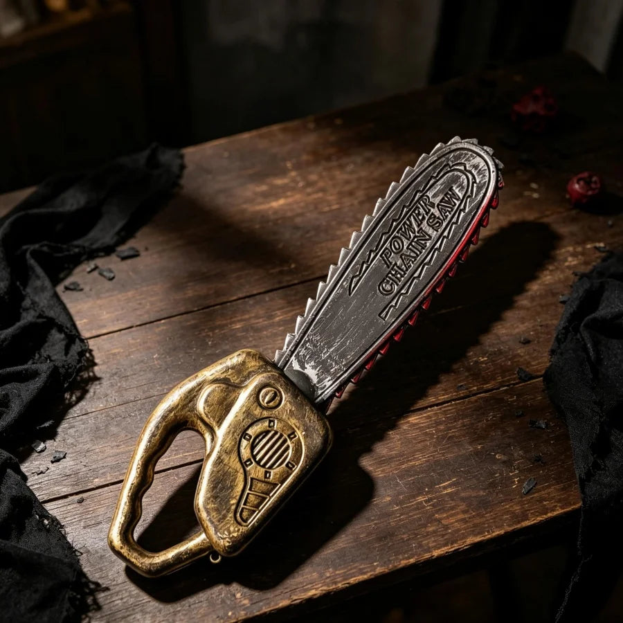 Halloween haunted house costume props, unsharpened plastic bloody knife, chainsaw, bronze axe—festival horror-themed weapons