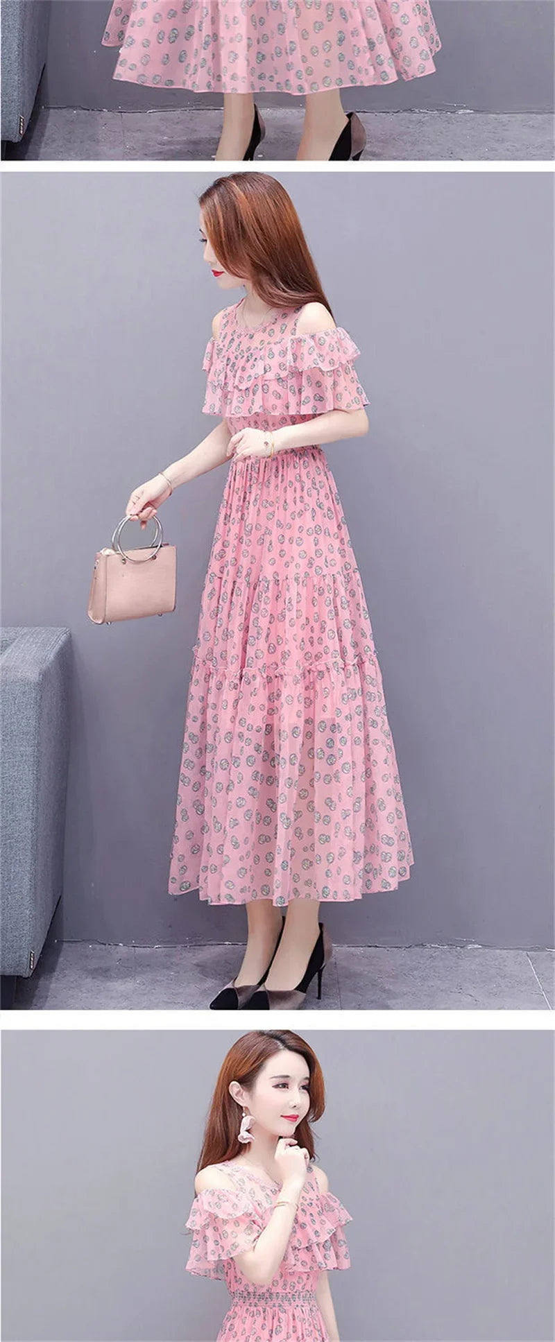 Mesh Chiffon Floral Print Dress Women 2024 New Summer Bohemian Beach Dress Long Off Shoulder Sexy Lady Party Dresses Vestidos