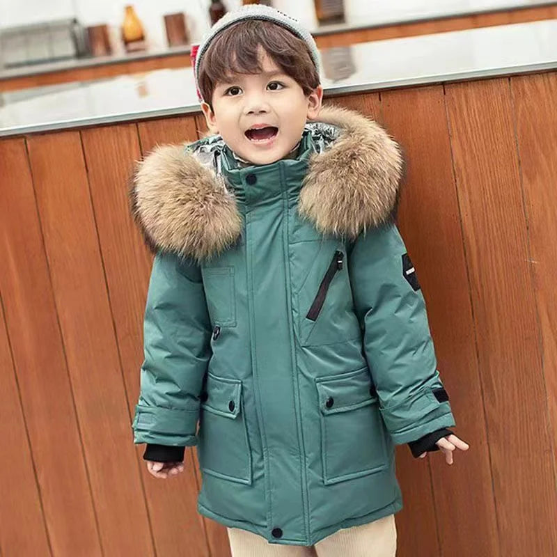 -30℃ Winter Kids Jackets Padded Cotton Clothes Coats Boys Girls Thick Plus Velvet Warm Parka Hooded Outerwear Snowsuit 5-12Y