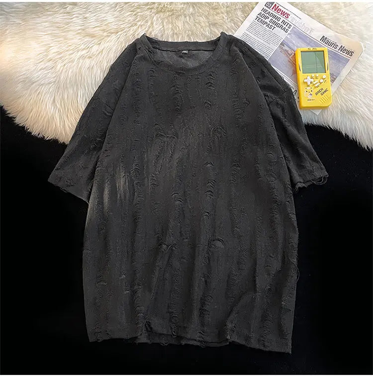 Ripped T-shirts Men Hole Y2k Tops Streetwear Summer O-neck Clothing Hip Hop Fashion Teens American Retro Vintage Футболки Baggy