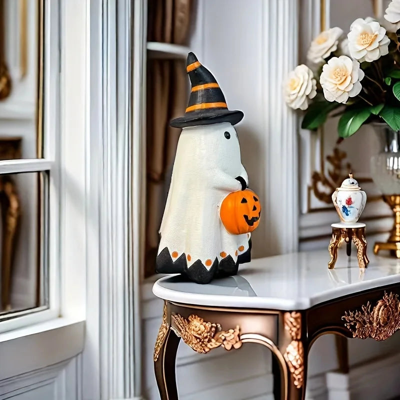 Halloween Ghost Figurine with Witch Hat Holding Pumpkin Lantern Statue Home Tabletop Ornament Spooky Party Decor Indoor Ornament