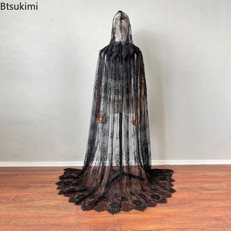 Halloween Medieval Women Lace Lace Up Hooded Cloak Elegant Black White Bride Shawl Party Witch Wizard Cosplay Costumes Clothing