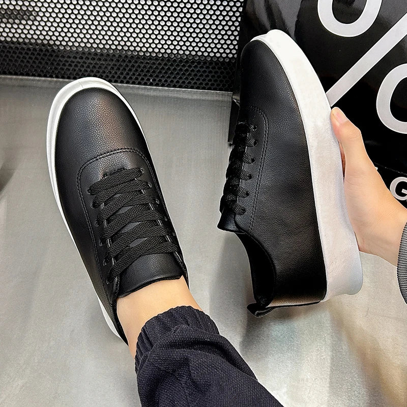 Fashion Thick Sole Black White Soft Men Leather Shoes Platform Men Casual Board Shoes Walking Sport Shoes Lightweight Work Shoes
