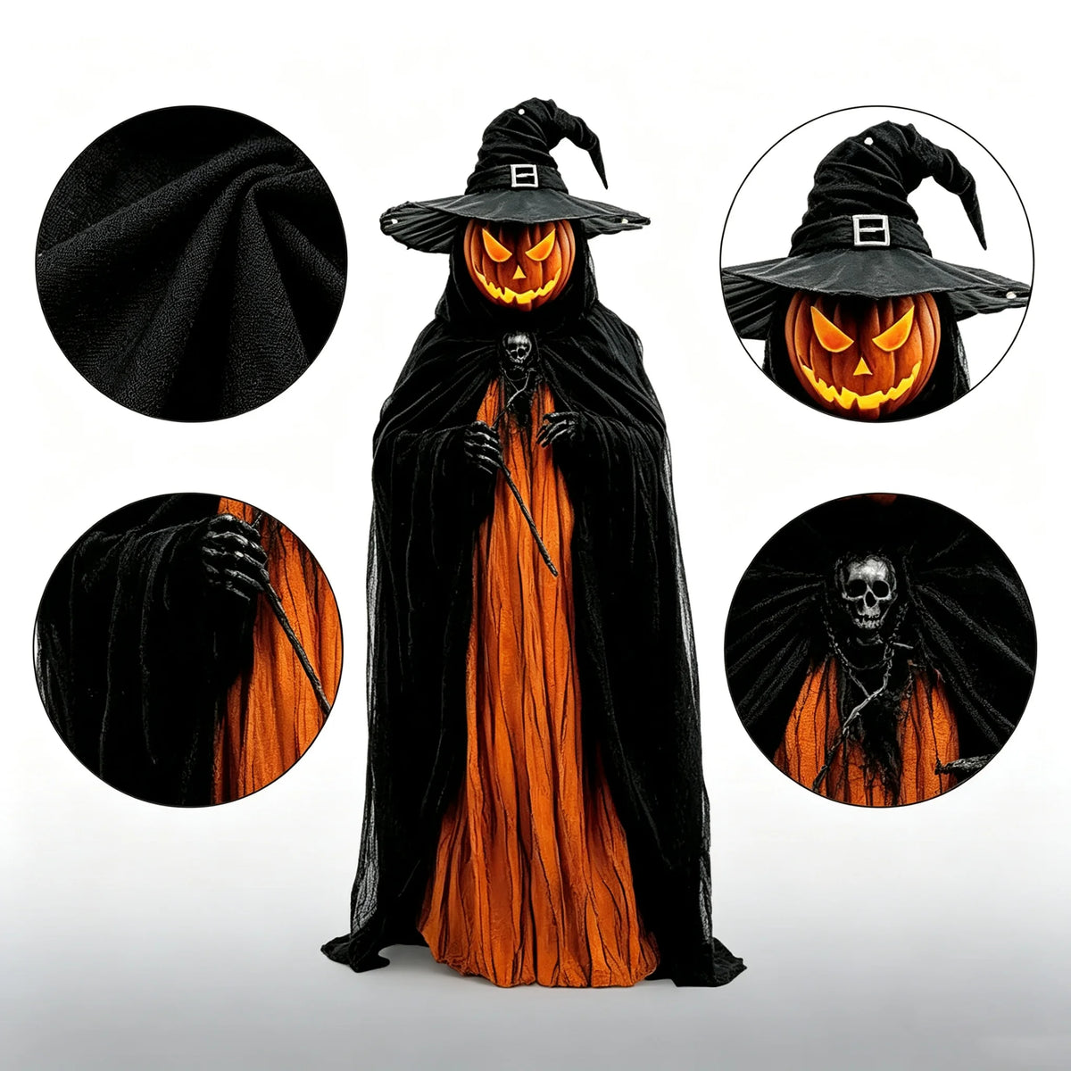 Halloween Pumpkin Head Witch Cloak Decor, Jack-o'-Lantern Witch Statue with Black Hat and Cape, Spooky Holiday Ornament for Home