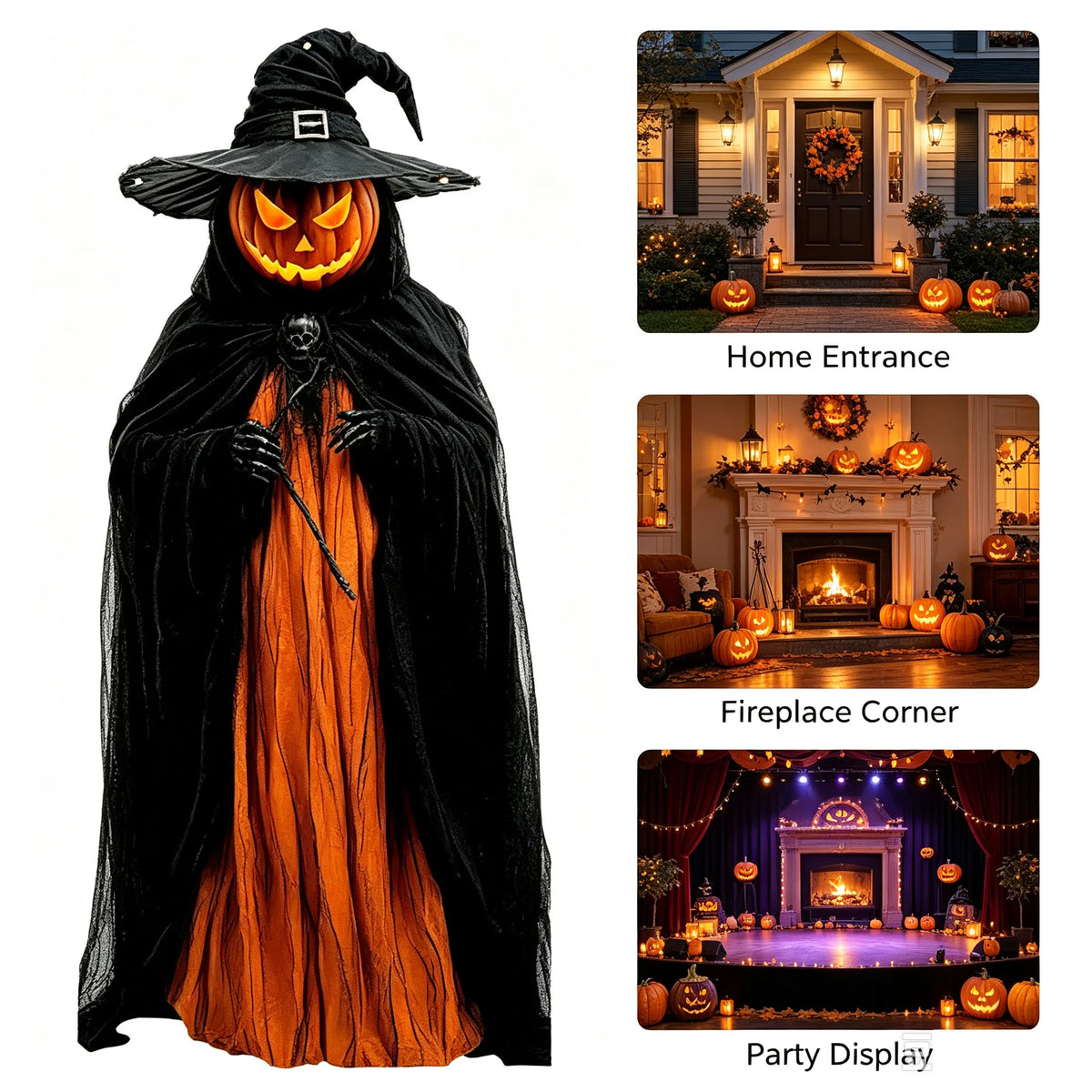Halloween Pumpkin Head Witch Cloak Decor, Jack-o'-Lantern Witch Statue with Black Hat and Cape, Spooky Holiday Ornament for Home