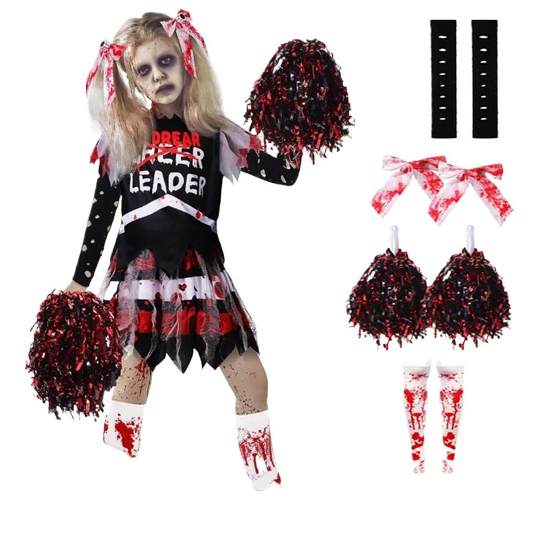 Kids Halloween Horror Costumes Zombie Cheerleading Outfits Halloween Theme Party Uniform Bloodstained Cosplay Fancy Dress