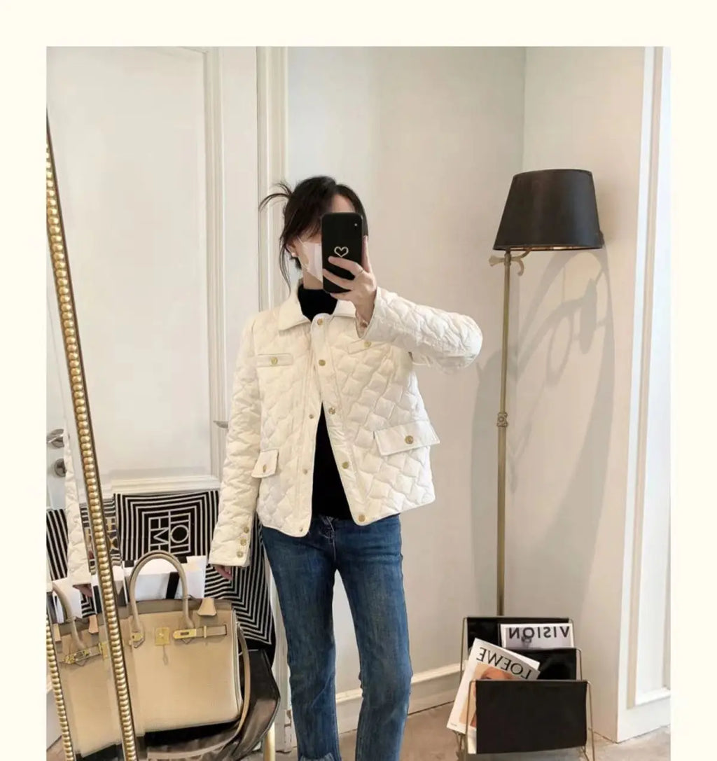 Down Cotton Jacket Women's 2025 Autumn Winter New Light And Thin European High-End sense Niche Rhombus Down Cotton Jacket Parka
