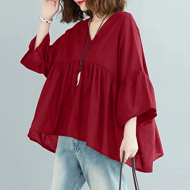ZANZEA Women Summer Flare Sleeve Tops 2025 Casual Solid Color Blouse Fashion Pleating Tunic V-neck Shirt Loose Blusas Femininas