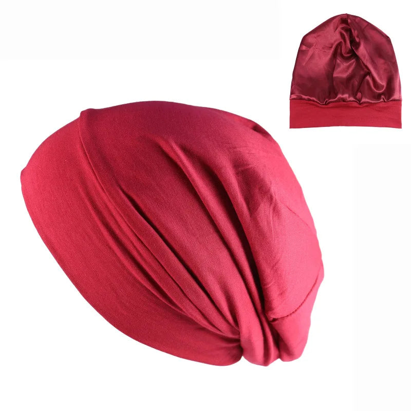 1PC Unisex Elastic Loose Band Satin Lined Double Layer Sleeping Hat For Hair Protection Comfortable Soft Hair Cap Beanie Hat