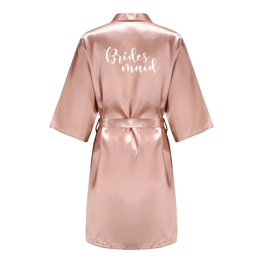 Women's Satin Kimono Robes With White Letter Bride Bridesmaid Short Getting Ready Wedding Dressing Gown