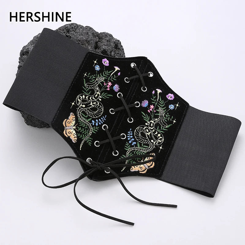 HERSHINE Women's Vintage Velvet Embroidered Elastic Wide Belt, Snake and Moth Pattern, Y2K Gothic Style,spring，summer，Christmas