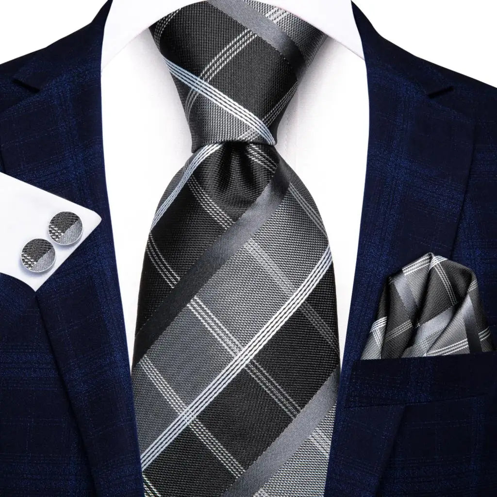 Hi-Tie White Grey Paisley 2026 New Mens Tie Hanky Cufflink Set Necktie For Men Wedding Party Business Men Tie Fashion Brand