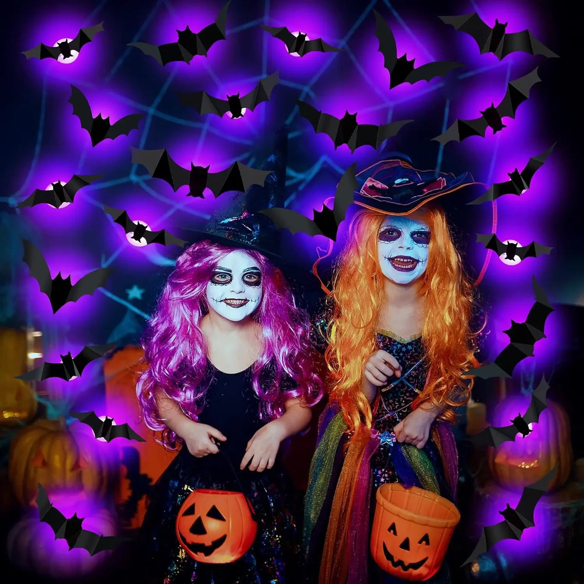 Halloween Bat/Spider Night Light 3D Purple/Green Lights Wall Sticker Self Adhesive Glow Decor for Haunted House Party Supplies
