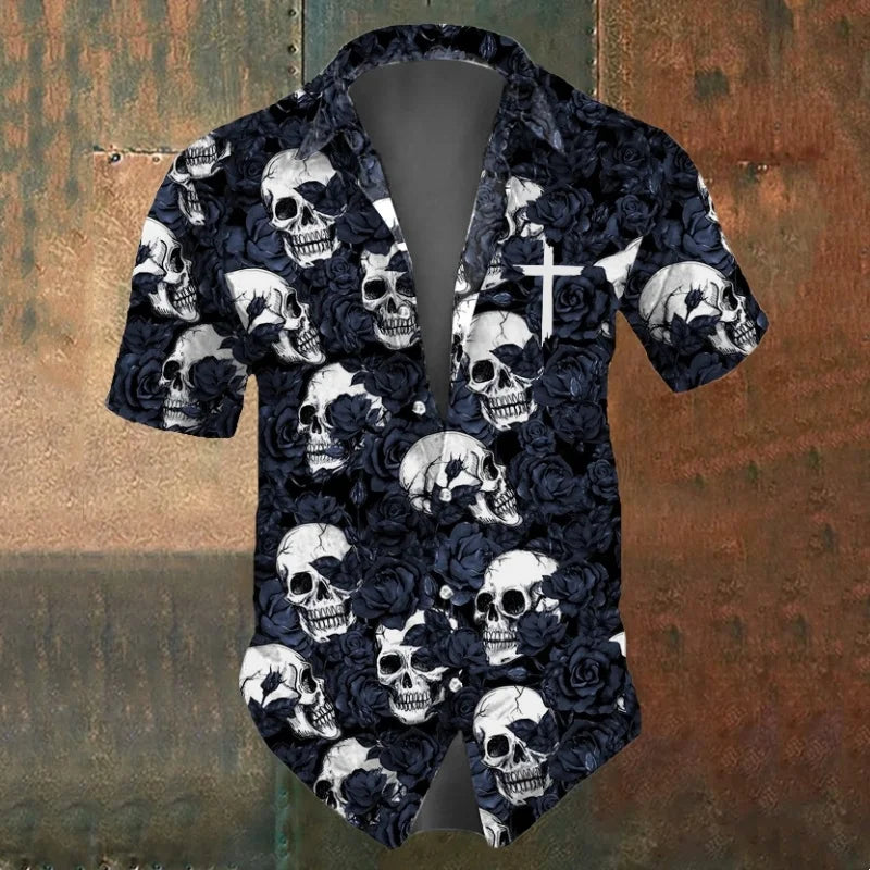 Cool Skull Graphic Beach Shirt For Men Flower Cross Butterfly 3D Print Hawaiian Shirts Summer Vacation Loose Short Sleeve Blouse