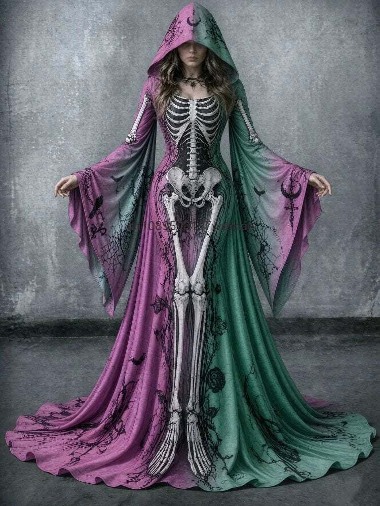 Halloween Day of The Dead Women Gothic Hooded Gown Skeleton Rose Print Flared Sleeve Dress Witch Vampire Party Cosplay Costumes