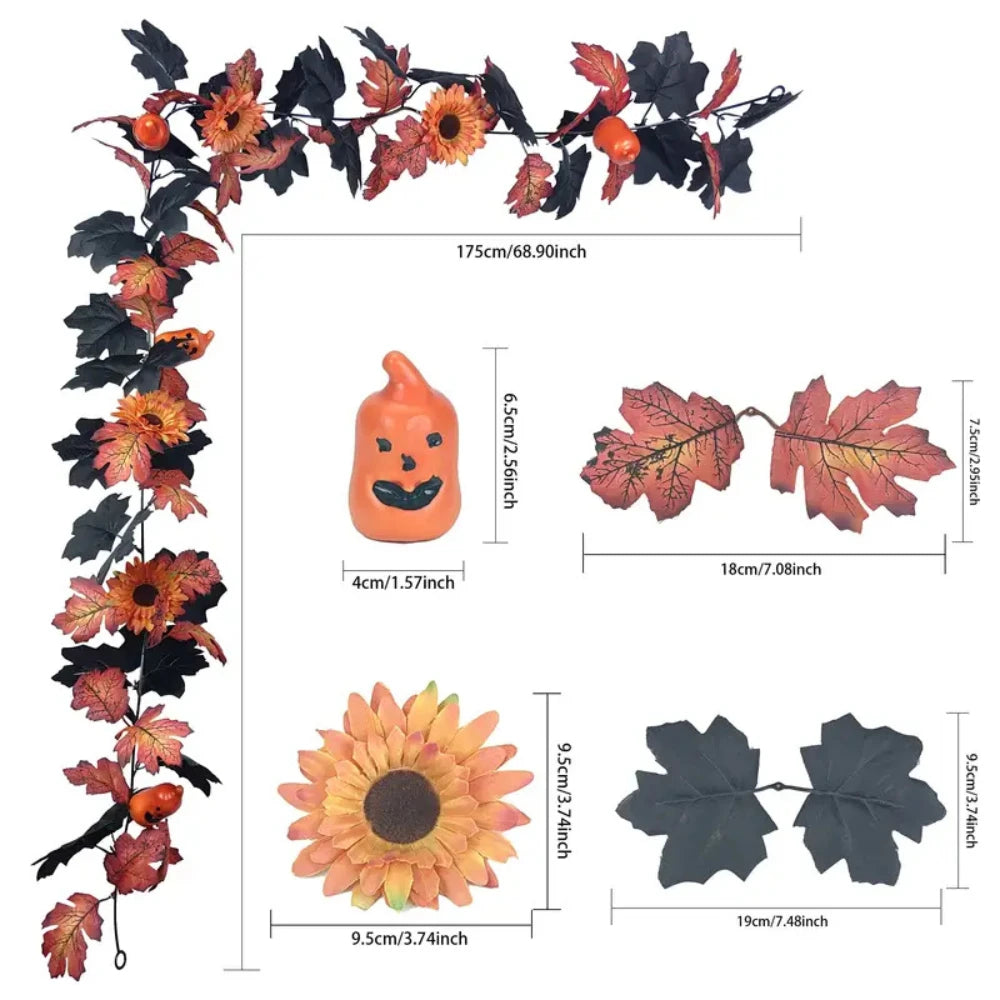 Halloween Fall Garland with Pumpkins Maple Leaves Artificial Flowers Decorative Hanging for Thanksgiving Home Fireplace Doorway