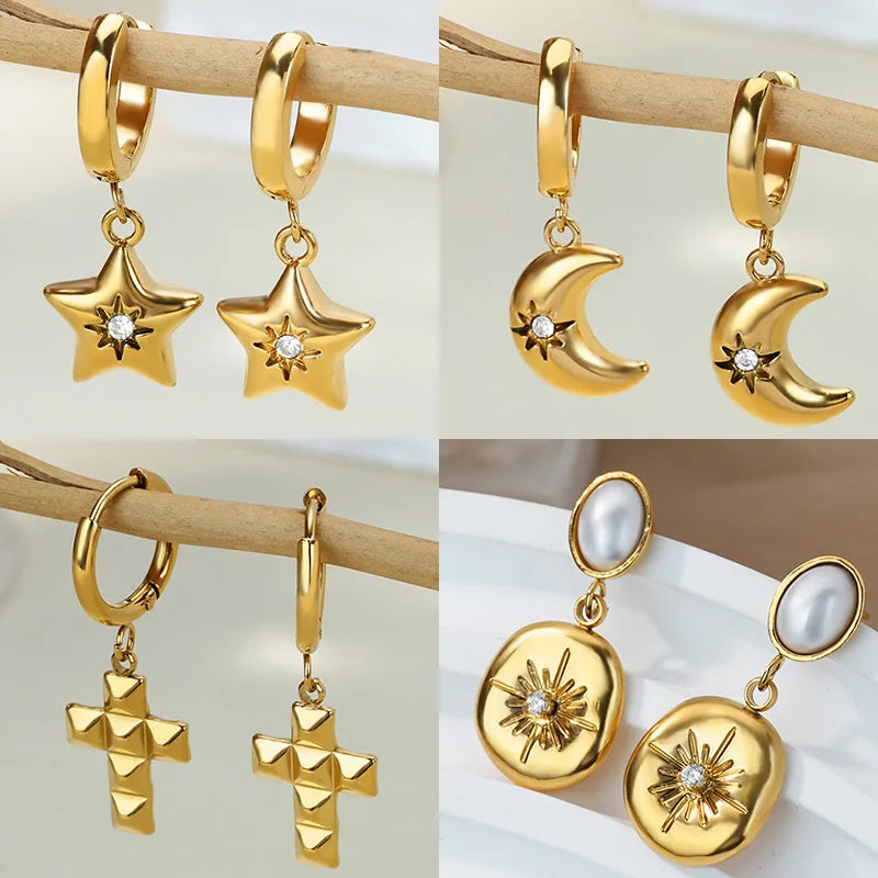 Zircon Star Moon Earrings For Women Gold Color Stainless Steel Star Moon Drop Earring Fashion Aesthetic Christmas Jewelry Gift