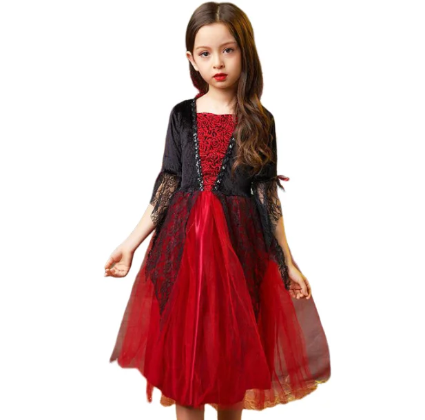 Halloween Costume for Kids Halloween Fantasy Vampire Costume Girls Long Tutu Dress Kids Carnival Outfit Gothic Feather Clothes