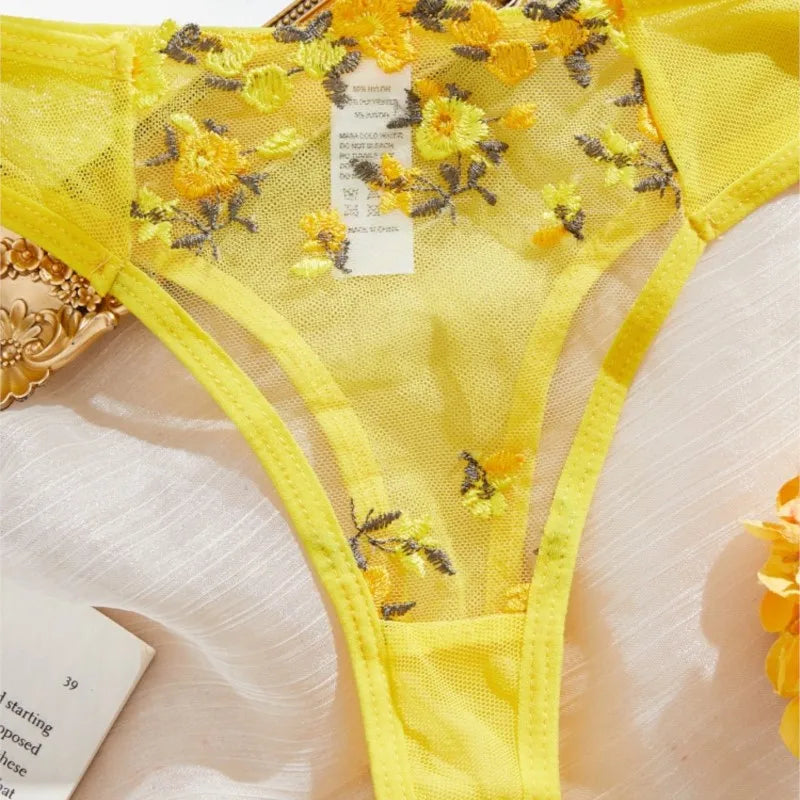 Valentine's Day Lingerie Ultra Sexy Yellow Flower Embroidery Sheer Bra And Panty Set Thin Cup Women's Bikini 2 Piece Underwear