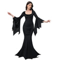 [You're My Secret] Halloween Morticia Adams Primate Black Family Dress Gothic Fishtail Dress Flared Sleeve Bodycon Vestido