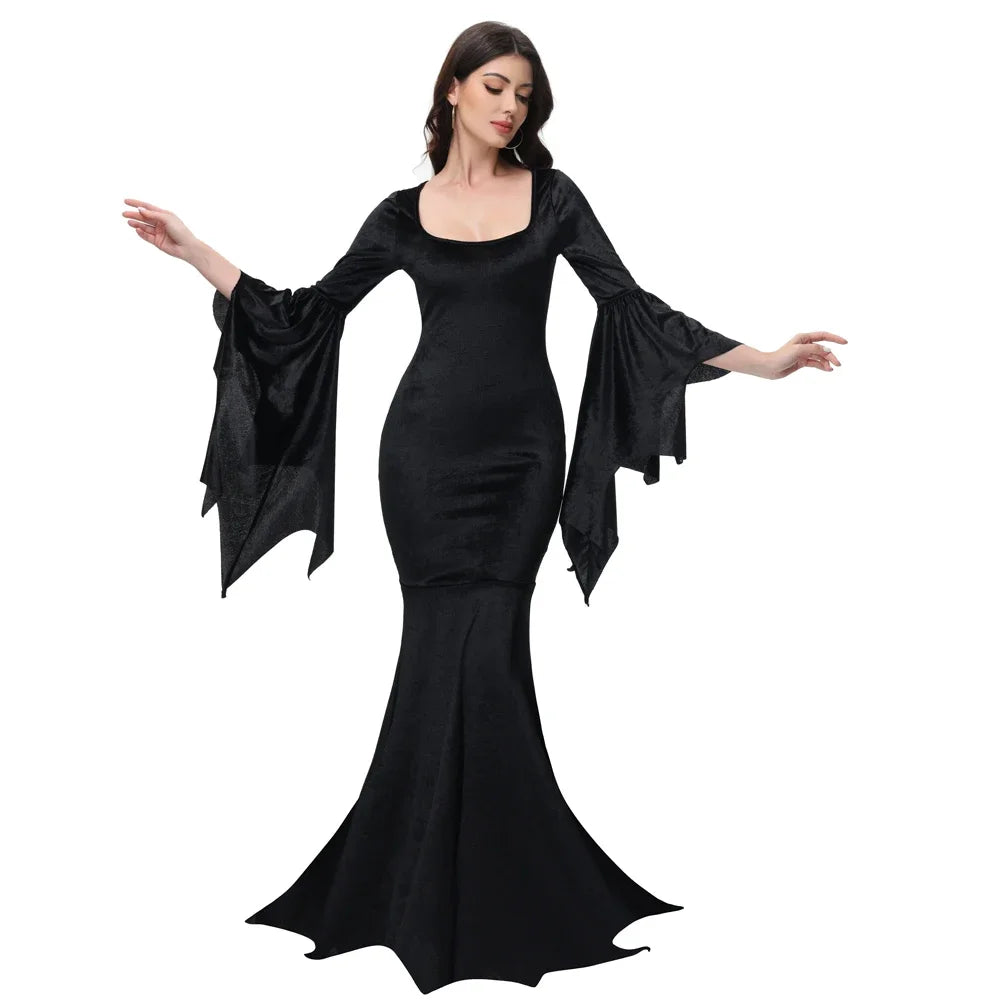 [You're My Secret] Halloween Morticia Adams Primate Black Family Dress Gothic Fishtail Dress Flared Sleeve Bodycon Vestido