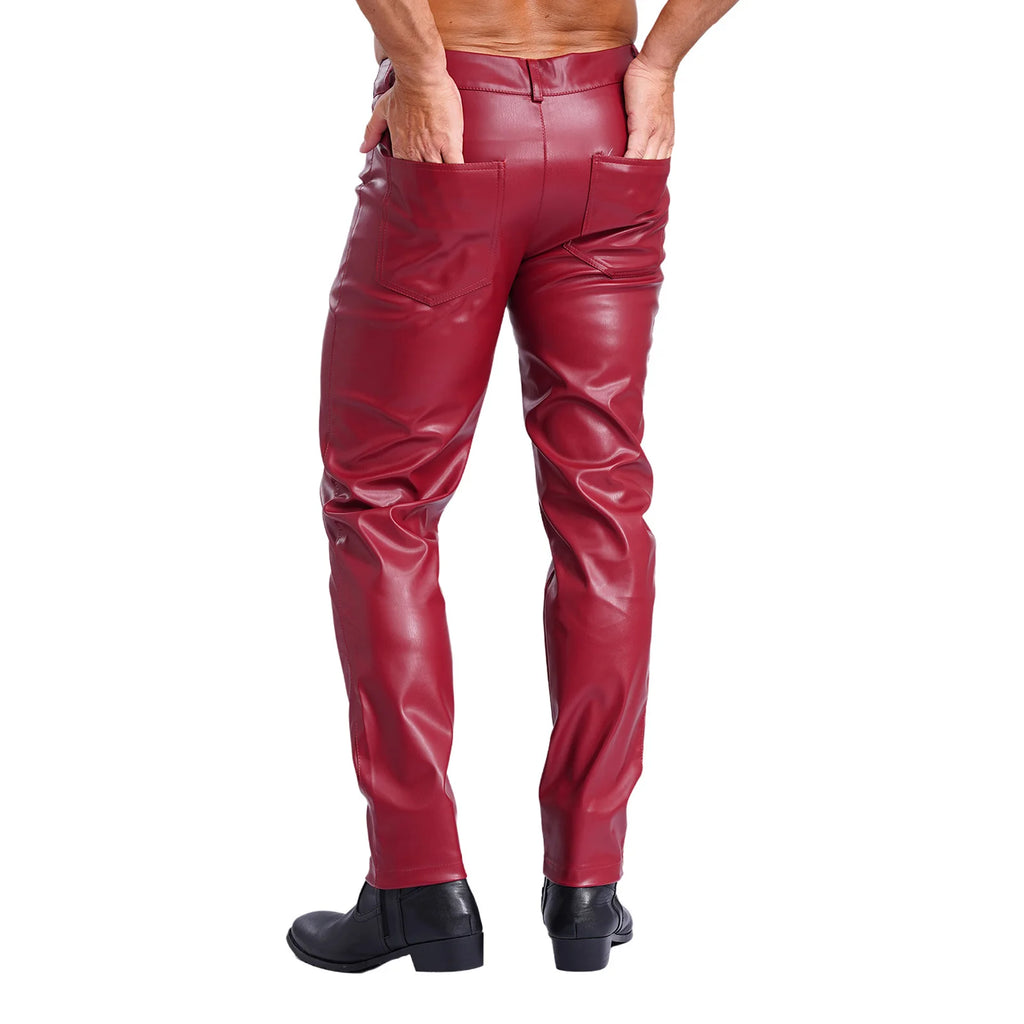 Mens Stylish Faux Leather Pants Pockets Halloween Costume Smooth Lining Straight Pants Tights Leggings Music Party Clothings