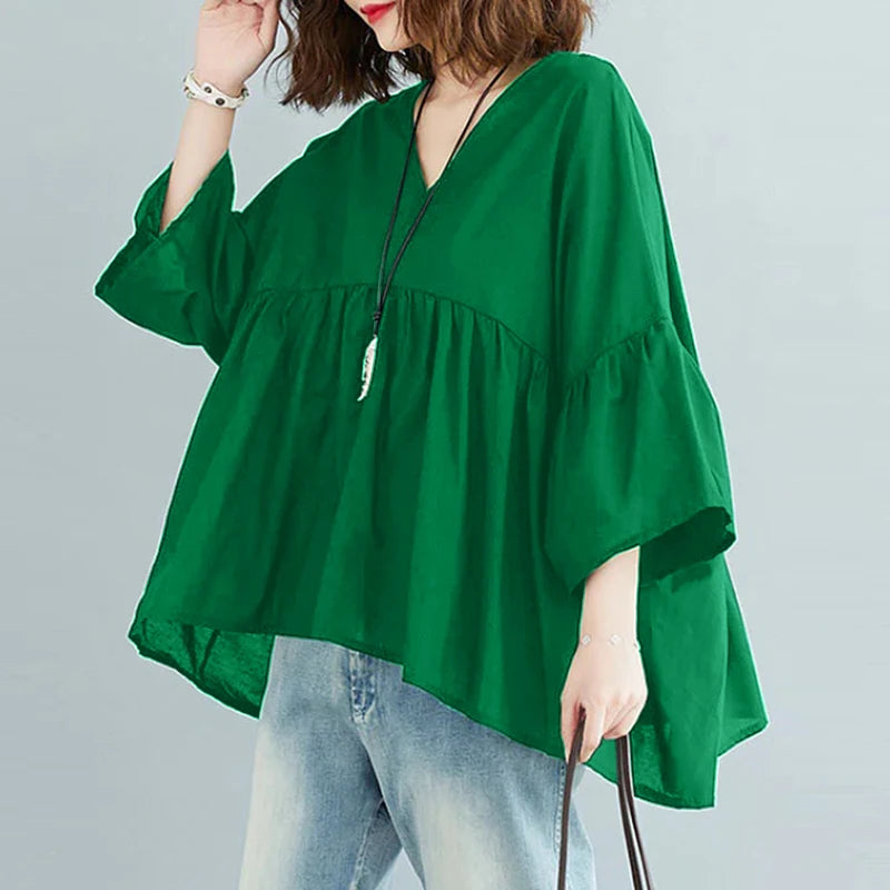 ZANZEA Women Summer Flare Sleeve Tops 2025 Casual Solid Color Blouse Fashion Pleating Tunic V-neck Shirt Loose Blusas Femininas