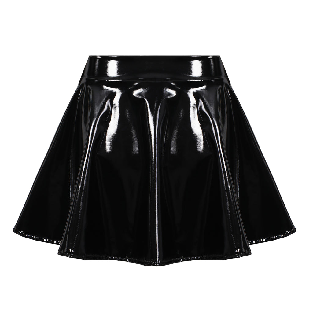 Sexy Women Wetlook PVC Leather Ruffled Skirts Party Low Waist Built-in Thongs Mini Skirt with Garter Belts Metal Clips Set Club