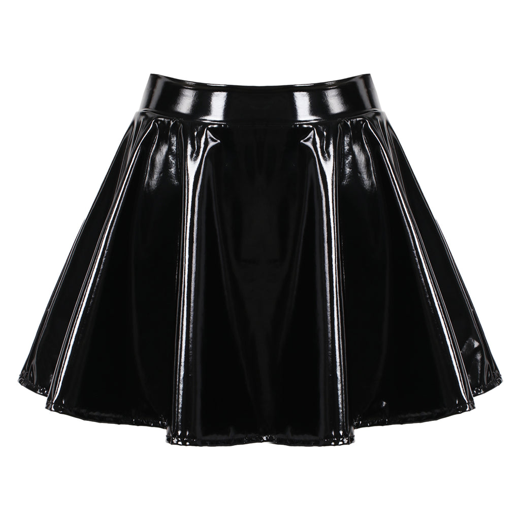 Sexy Women Wetlook PVC Leather Ruffled Skirts Party Low Waist Built-in Thongs Mini Skirt with Garter Belts Metal Clips Set Club