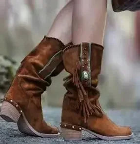 Bohemian Mid-calf Boots Women New 2024 Winter Ethnic Rivet Tassel Boots Woman Faux Suede Pointed Thick Heel Shoe Booties Female