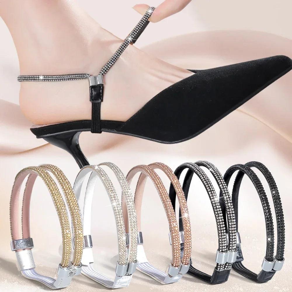 2pcs Anti-skid High Heels Shoes Band Women Rhinestone Shoelaces Triangle Bundle Anti-drop Straps Belt Drill Elastic Fixing Belts