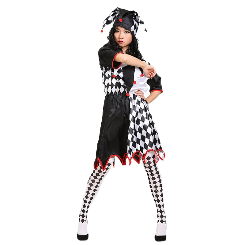 Halloween Carnival Costumes Funny Fun Cosplay Black and White Splicing Clown Costume with Hat for Man Women Innovative Set
