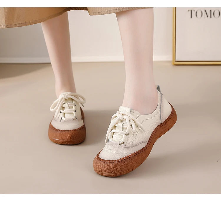 New real leather handmade shoes for women all season oxfords flats woman laced up moccasins cozy mom boat shoes round toe flats